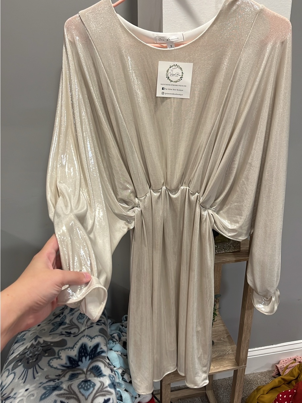 Ces Femme Shimmery Champagne Beige Long Sleeve Draped Dress